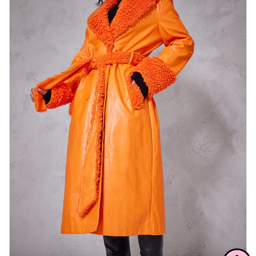 ORANGE FAUX LEATHER CURLY BORG TRIM MAXI TRENCH